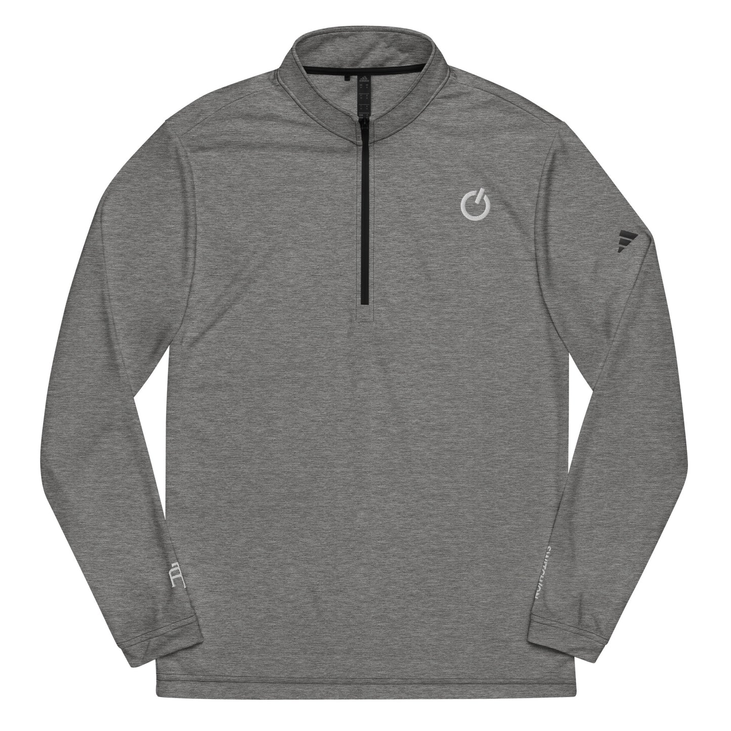 Adidas recycled performance quarter-zip in gray with white logo edition SWITCH/ON embroidery - UPF 50+ sun protection training gear.