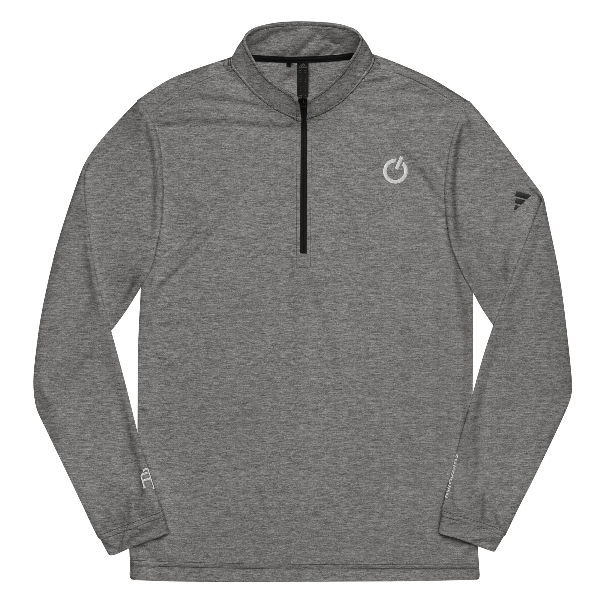 Adidas recycled performance quarter-zip in gray with white logo edition SWITCH/ON embroidery - UPF 50+ sun protection training gear.