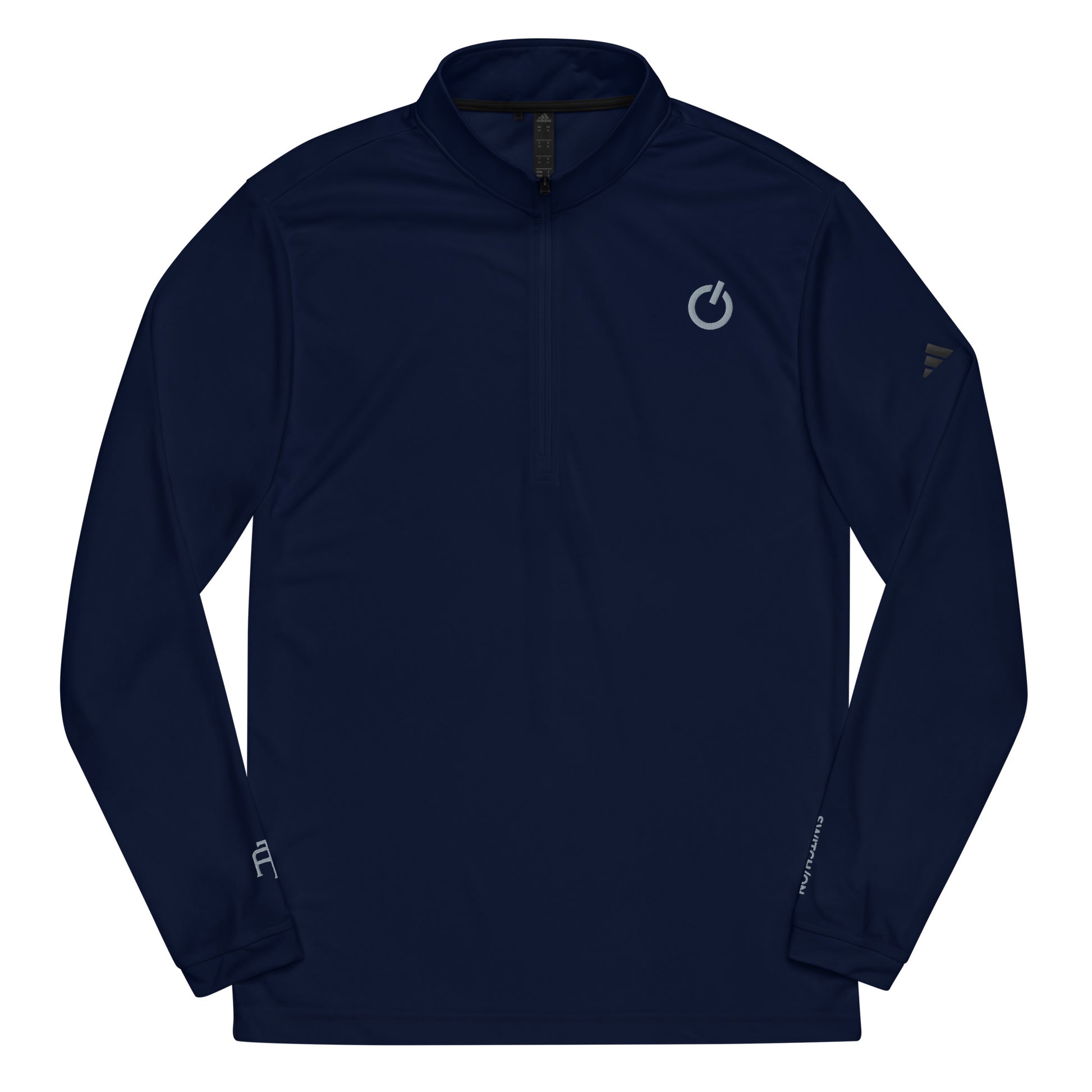 Adidas recycled performance quarter-zip in navy with gray logo edition SWITCH/ON embroidery - UPF 50+ sun protection training gear.