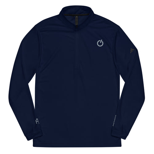 Adidas recycled performance quarter-zip in navy with gray logo edition SWITCH/ON embroidery - UPF 50+ sun protection training gear.