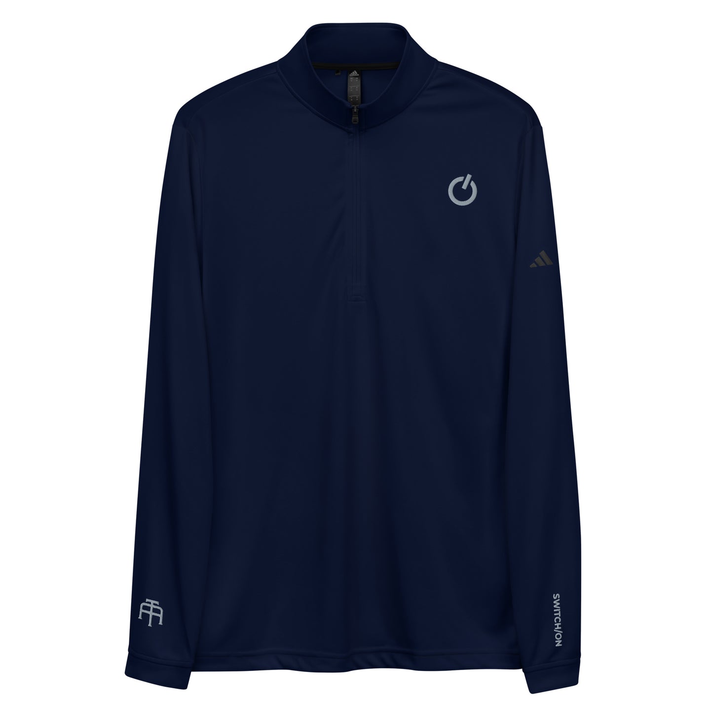 Adidas recycled performance quarter-zip in navy with gray logo edition SWITCH/ON embroidery - UPF 50+ sun protection training gear.