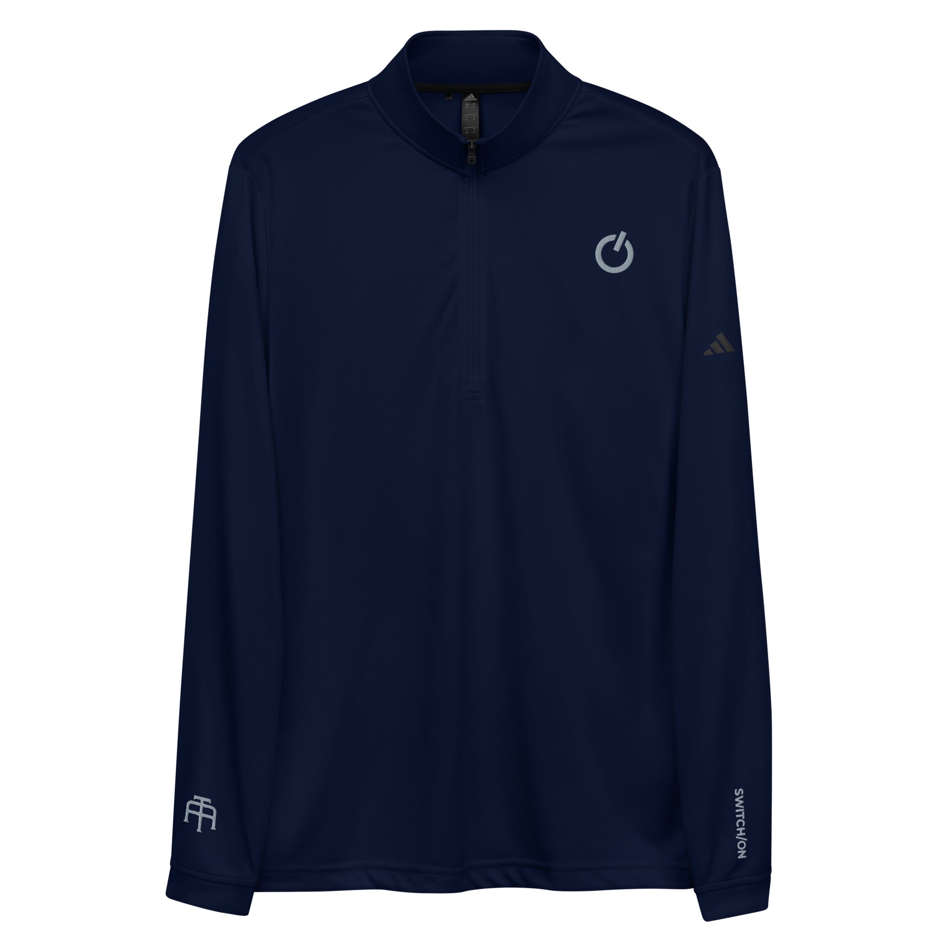 Adidas recycled performance quarter-zip in navy with gray logo edition SWITCH/ON embroidery - UPF 50+ sun protection training gear.