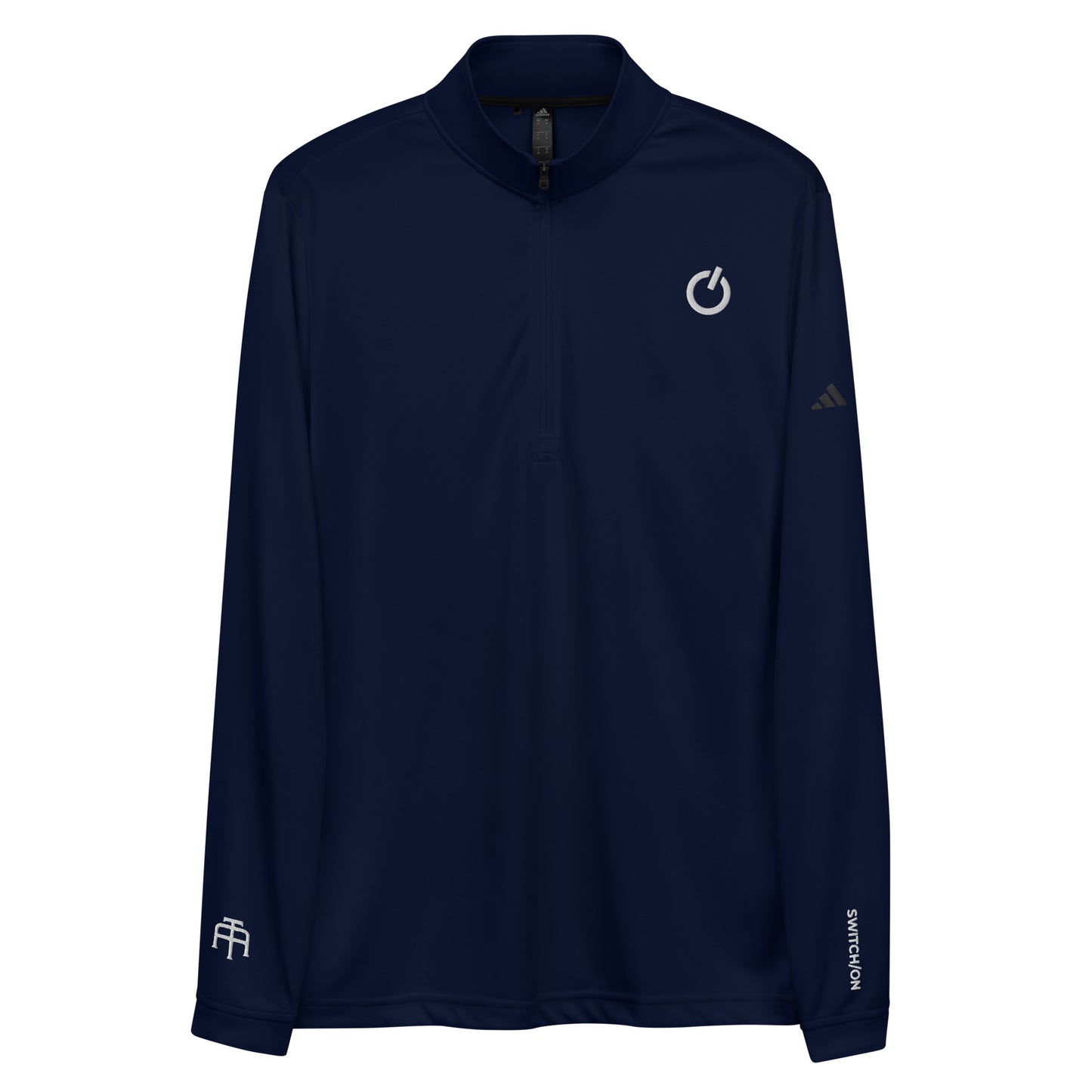 Adidas recycled performance quarter-zip in navy with white logo edition SWITCH/ON embroidery - UPF 50+ sun protection training gear.