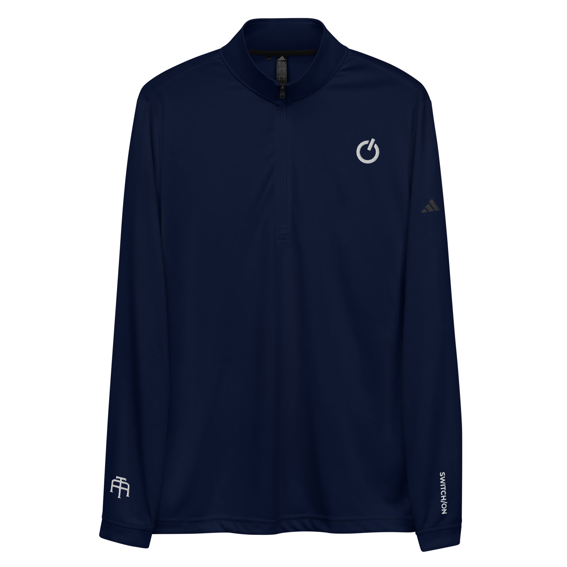 Adidas recycled performance quarter-zip in navy with white logo edition SWITCH/ON embroidery - UPF 50+ sun protection training gear.