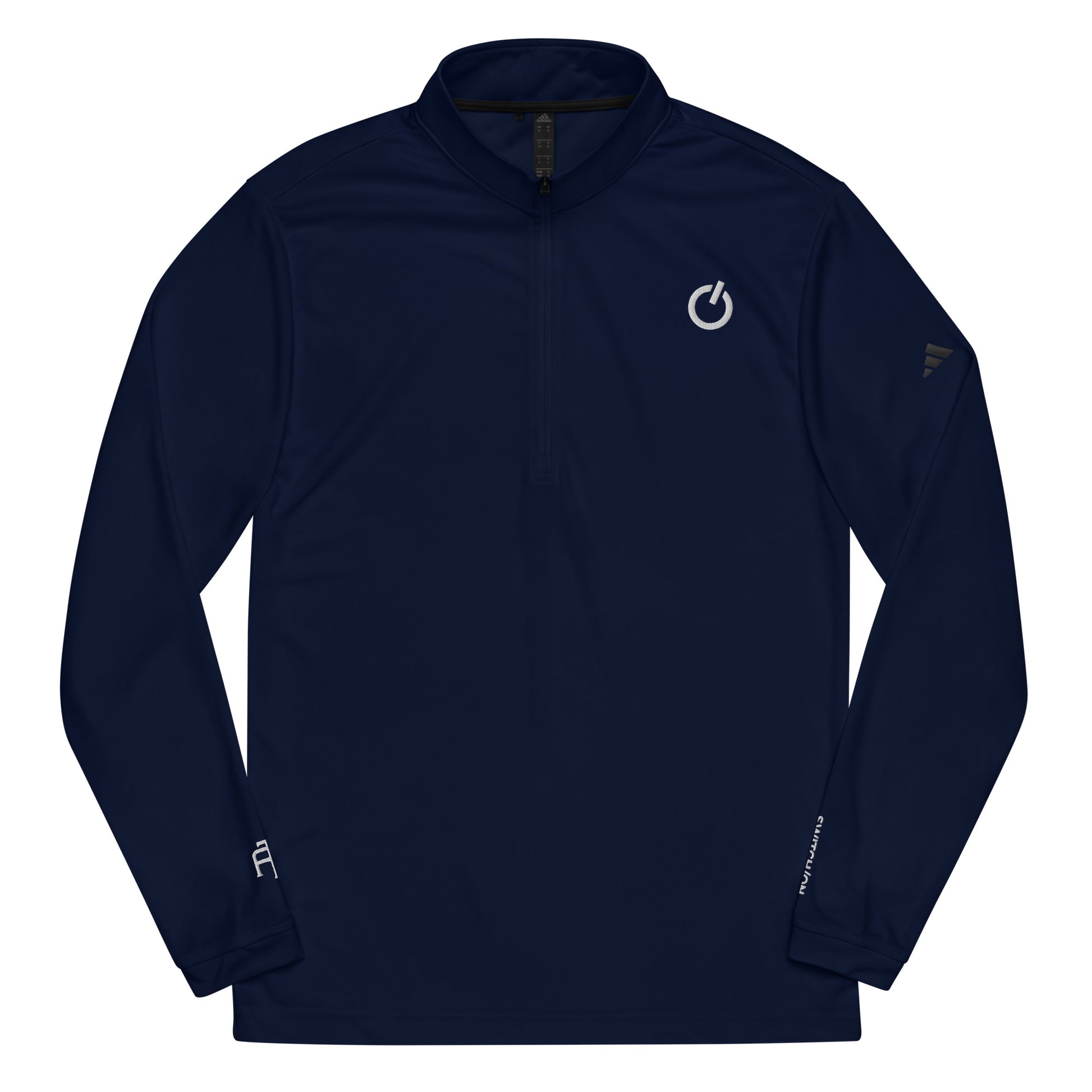 Adidas recycled performance quarter-zip in navy with white logo edition SWITCH/ON embroidery - UPF 50+ sun protection training gear.