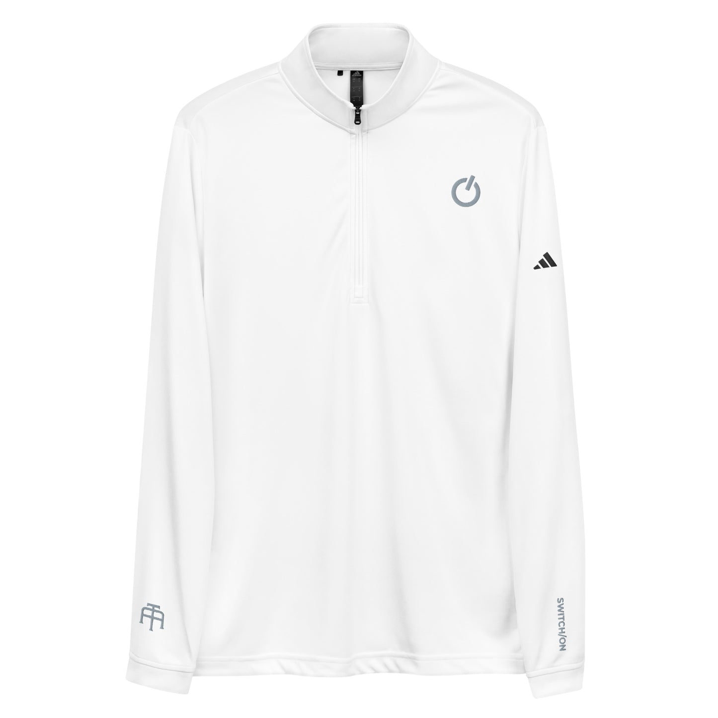 Adidas recycled performance quarter-zip in white with gray logo edition SWITCH/ON embroidery - UPF 50+ sun protection training gear.