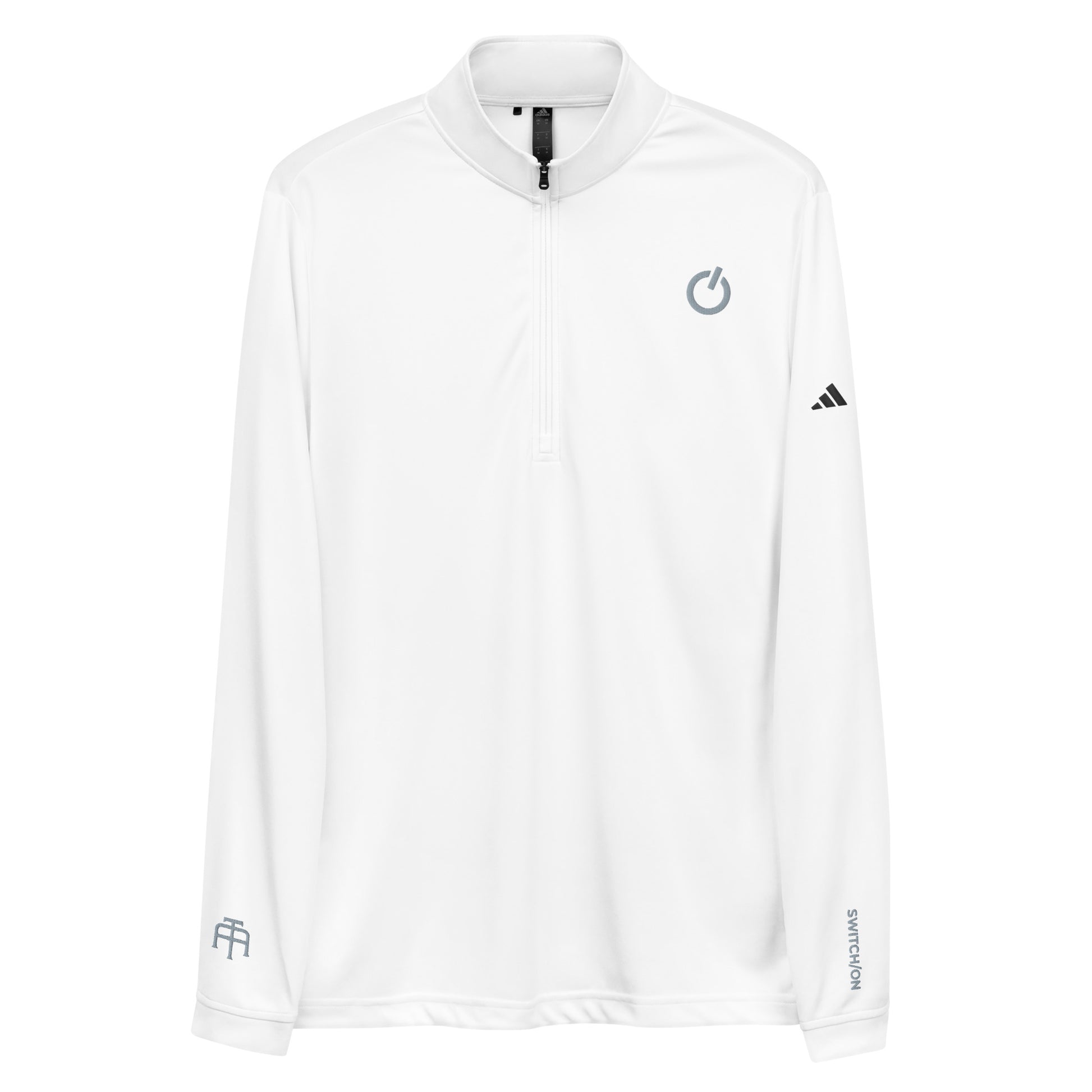 Adidas recycled performance quarter-zip in white with gray logo edition SWITCH/ON embroidery - UPF 50+ sun protection training gear.