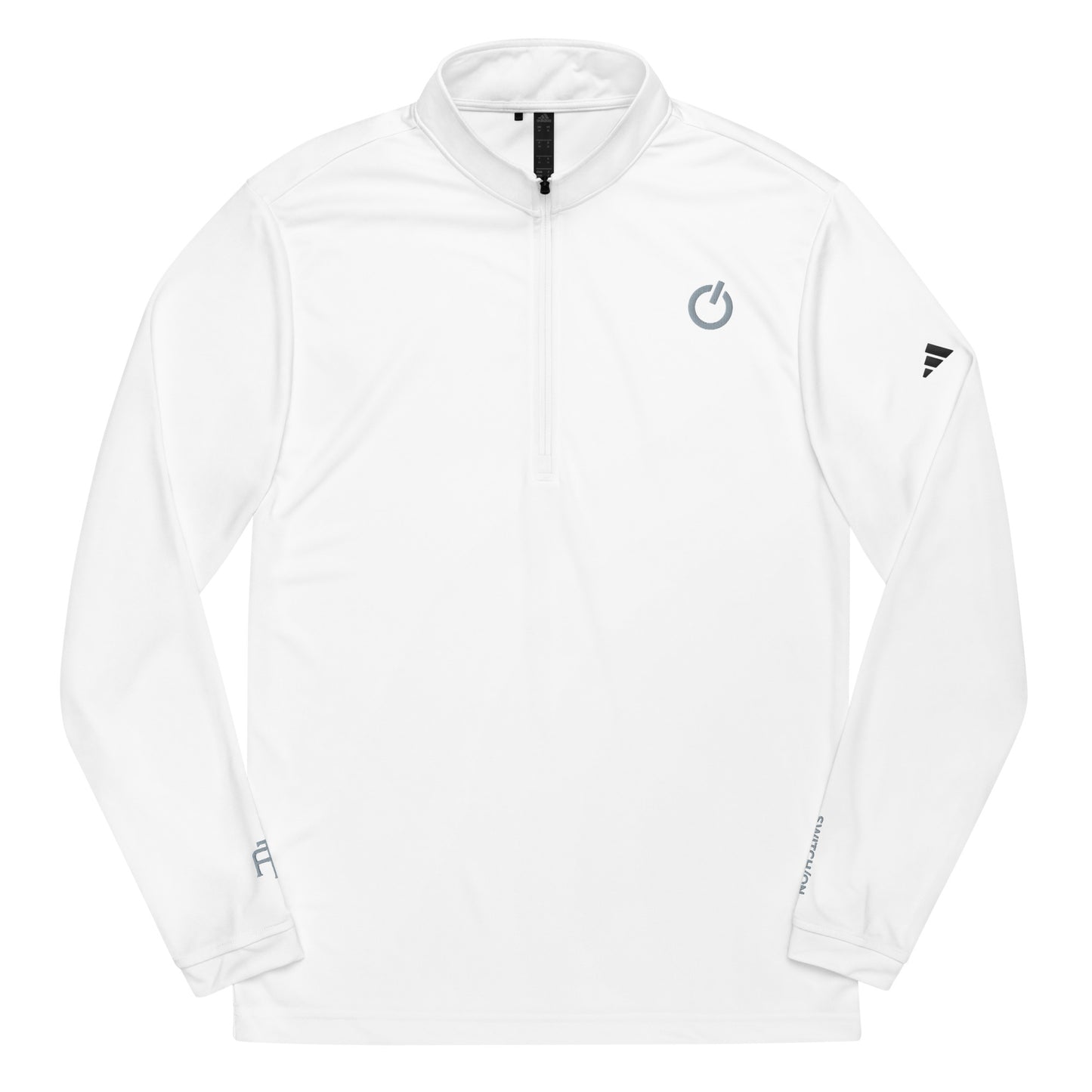 Adidas recycled performance quarter-zip in white with gray logo edition SWITCH/ON embroidery - UPF 50+ sun protection training gear.