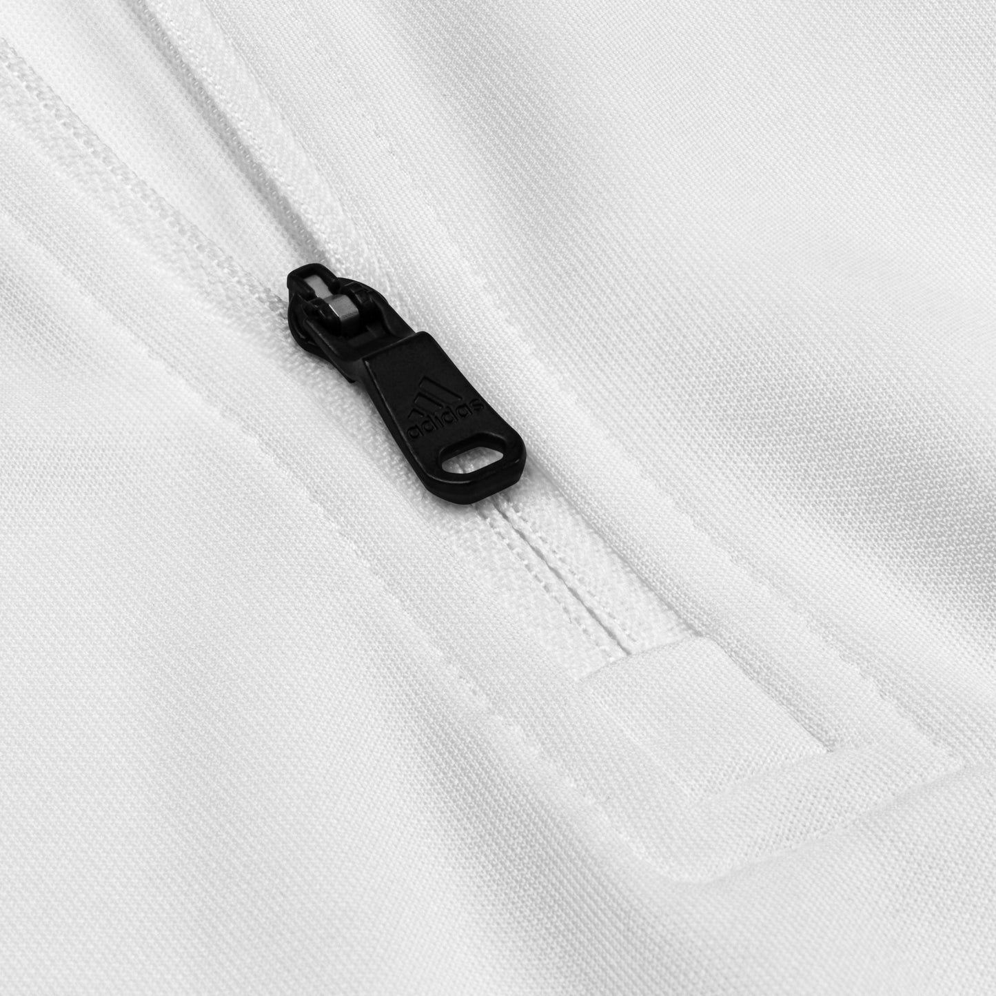 Adidas recycled performance quarter-zip in white with gray logo edition SWITCH/ON embroidery - UPF 50+ sun protection training gear.