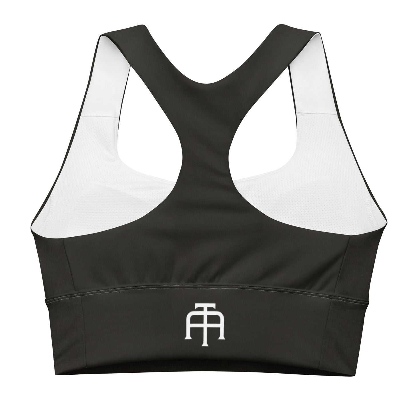 Black sports bra performance activewear. Compression fabric with sports mesh lining.