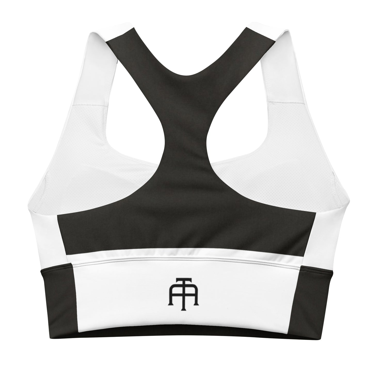 White and black sports bra performance activewear. Compression fabric with sports mesh lining.