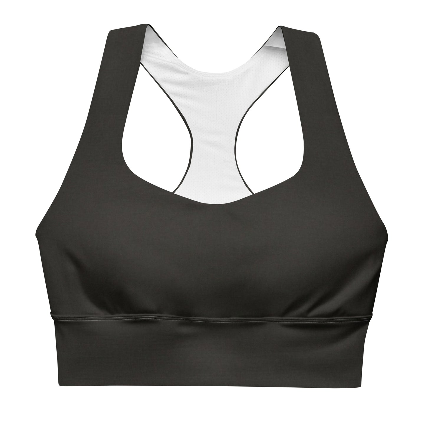 Black sports bra performance activewear. Compression fabric with sports mesh lining.