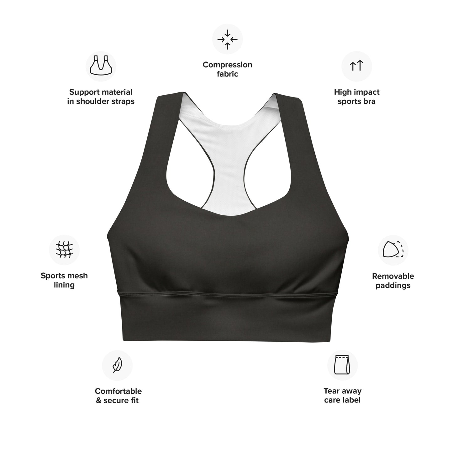 Black sports bra performance activewear. Compression fabric with sports mesh lining.