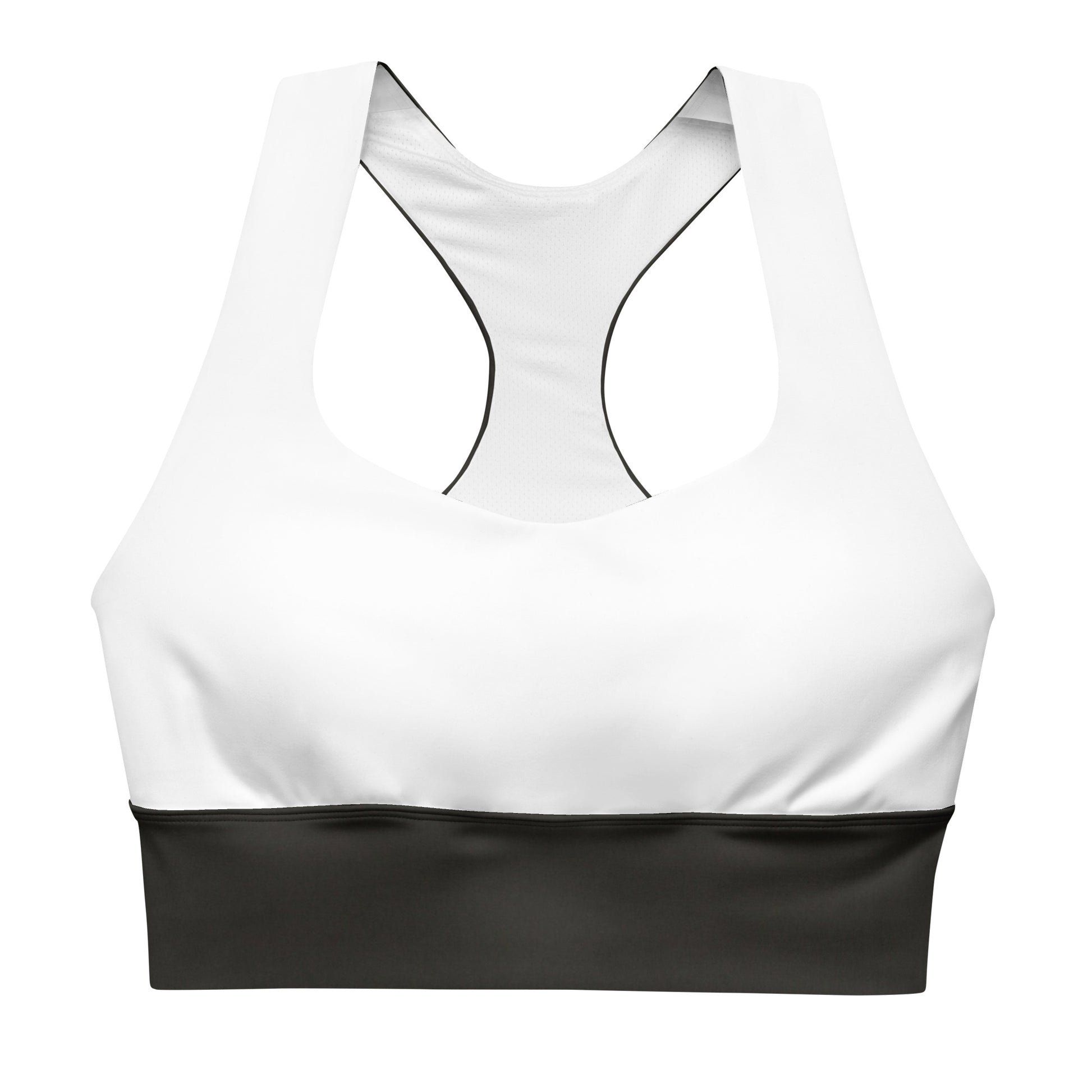 White and black sports bra performance activewear. Compression fabric with sports mesh lining.