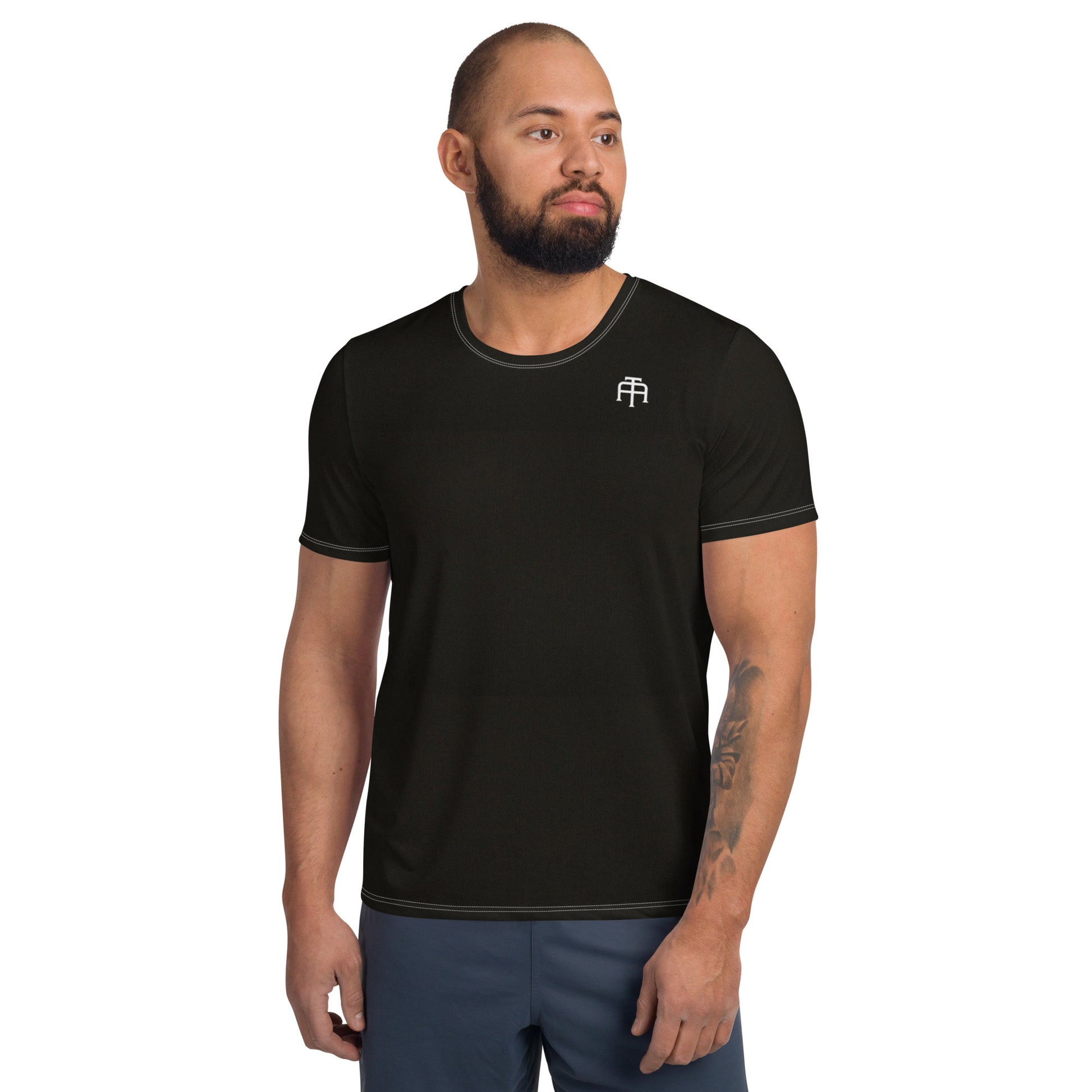 Black, soft four-way stretch moisture wicking sports mesh fabric men’s t-shirt by An Athlete Trains