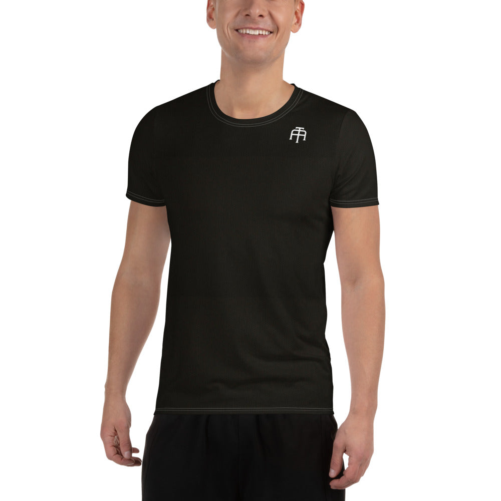 Black, soft four-way stretch moisture wicking sports mesh fabric men’s t-shirt by An Athlete Trains