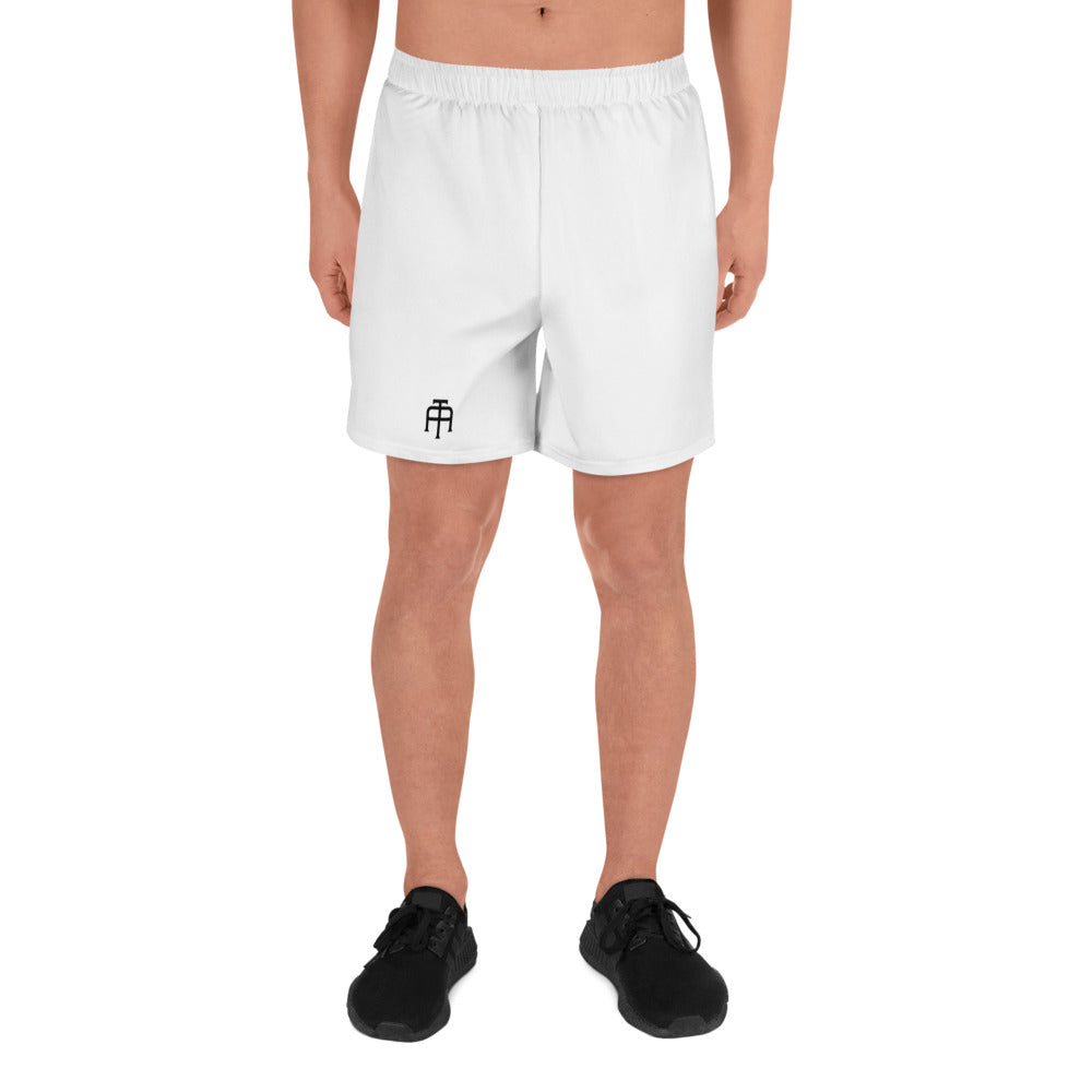 White Four-way stretch moisture-wicking microfiber men’s athletic shorts by An Athlete Trains