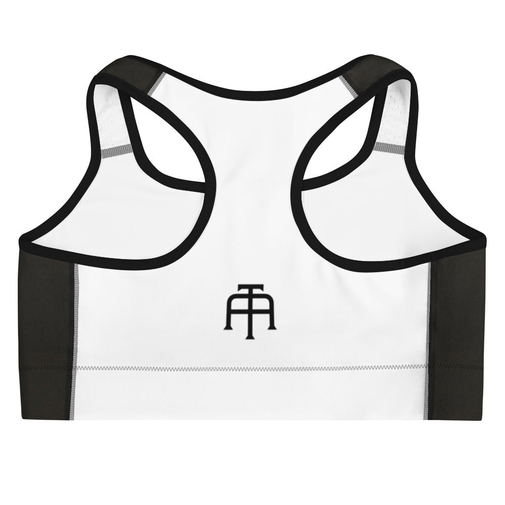 Black and white four-way stretch moisture-wicking sports bra by An Athlete Trains