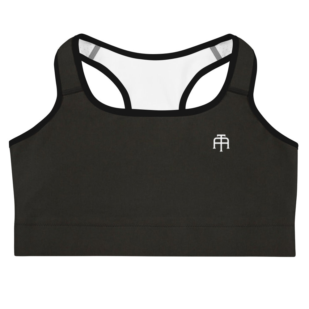 Black and white four-way stretch moisture-wicking sports bra by An Athlete Trains