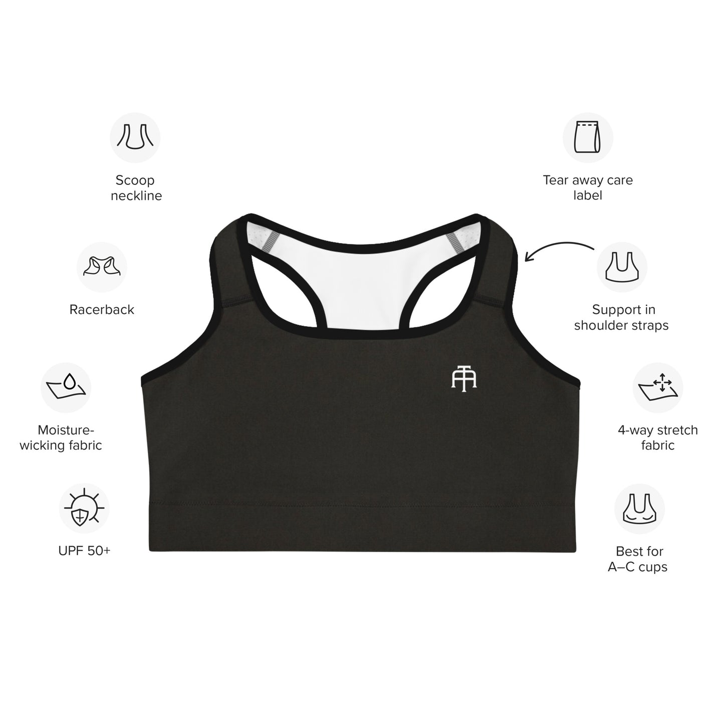 Black and white four-way stretch moisture-wicking sports bra by An Athlete Trains