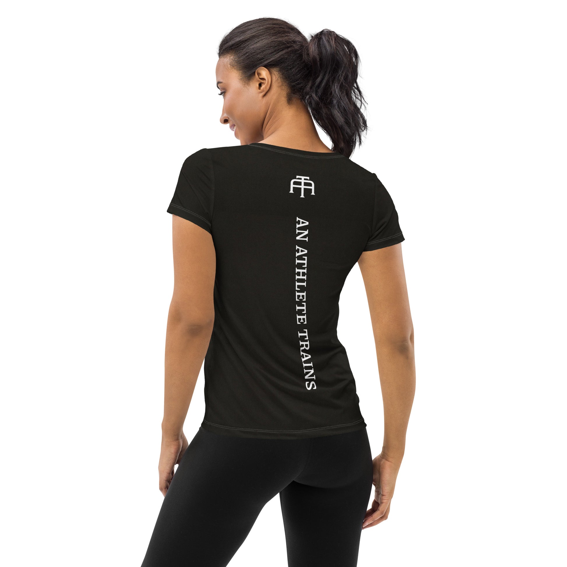 Black, soft four-way stretch moisture wicking sports mesh fabric women’s t-shirt by An Athlete Trains