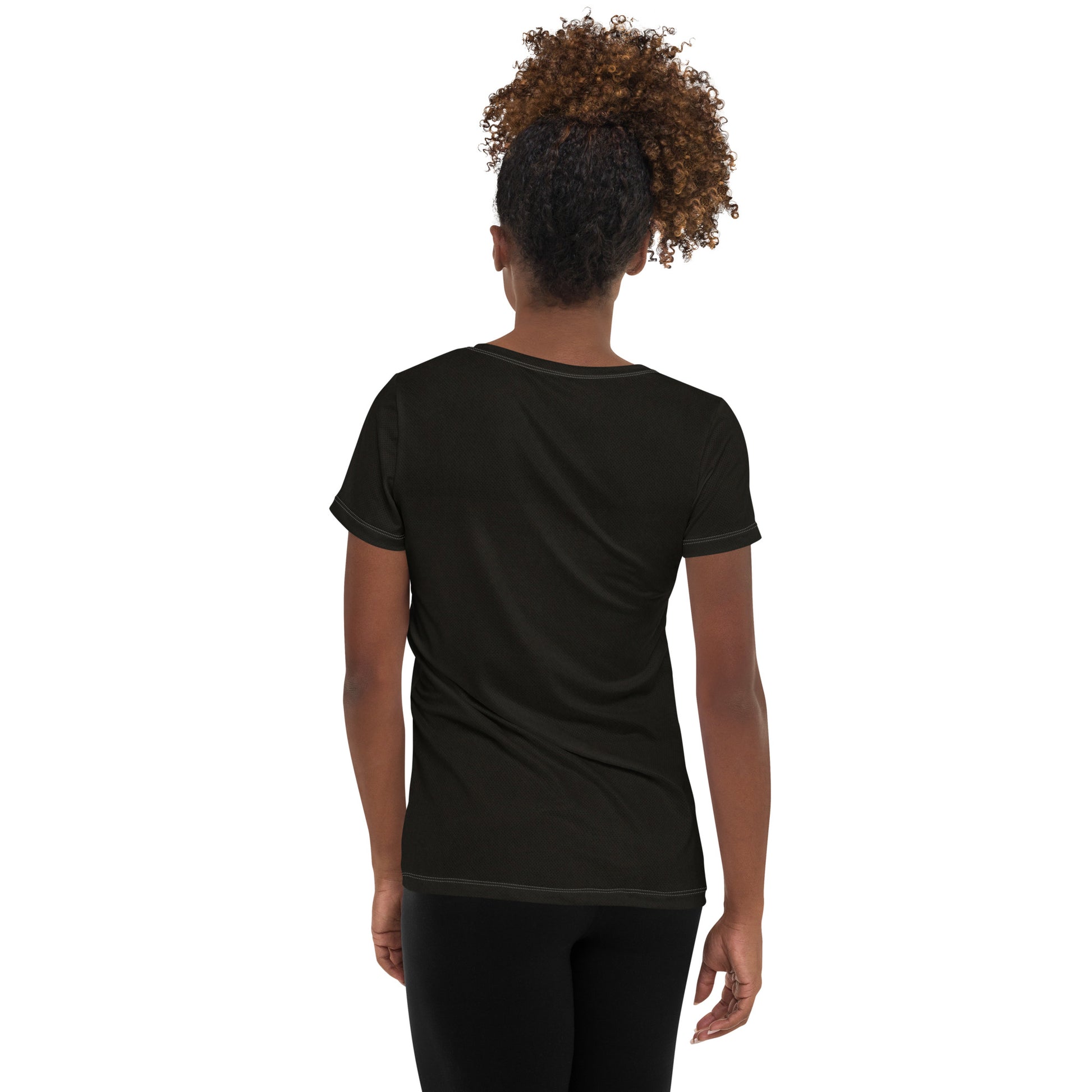 Black, soft four-way stretch moisture wicking sports mesh fabric women’s t-shirt by An Athlete Trains