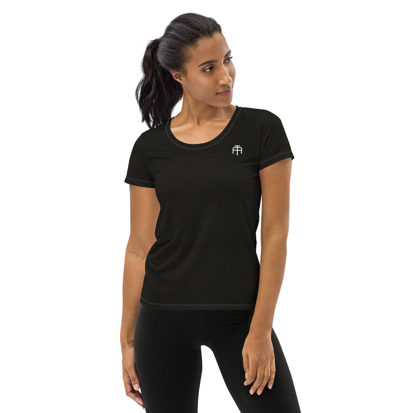 Black, soft four-way stretch moisture wicking sports mesh fabric women’s t-shirt by An Athlete Trains