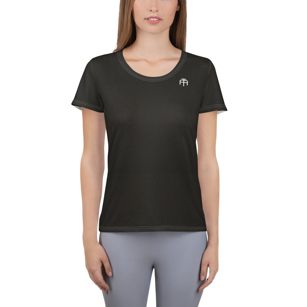 Black, soft four-way stretch moisture wicking sports mesh fabric women’s t-shirt by An Athlete Trains