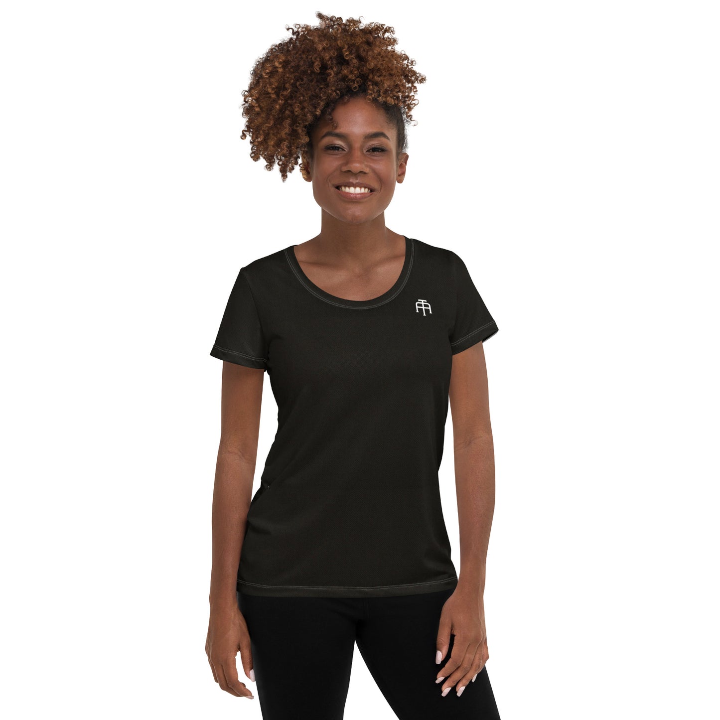 Black, soft four-way stretch moisture wicking sports mesh fabric women’s t-shirt by An Athlete Trains