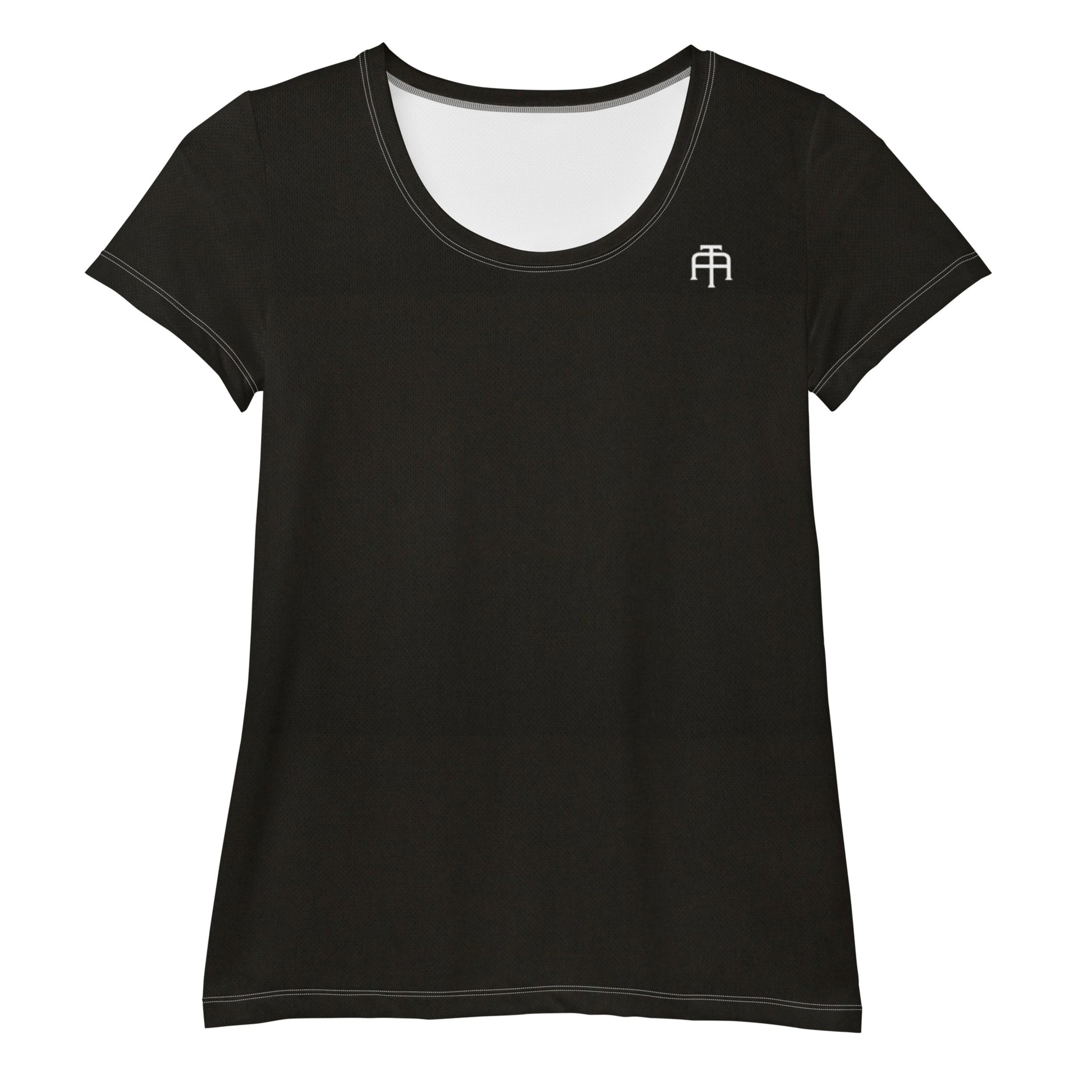 Black, soft four-way stretch moisture wicking sports mesh fabric women’s t-shirt by An Athlete Trains