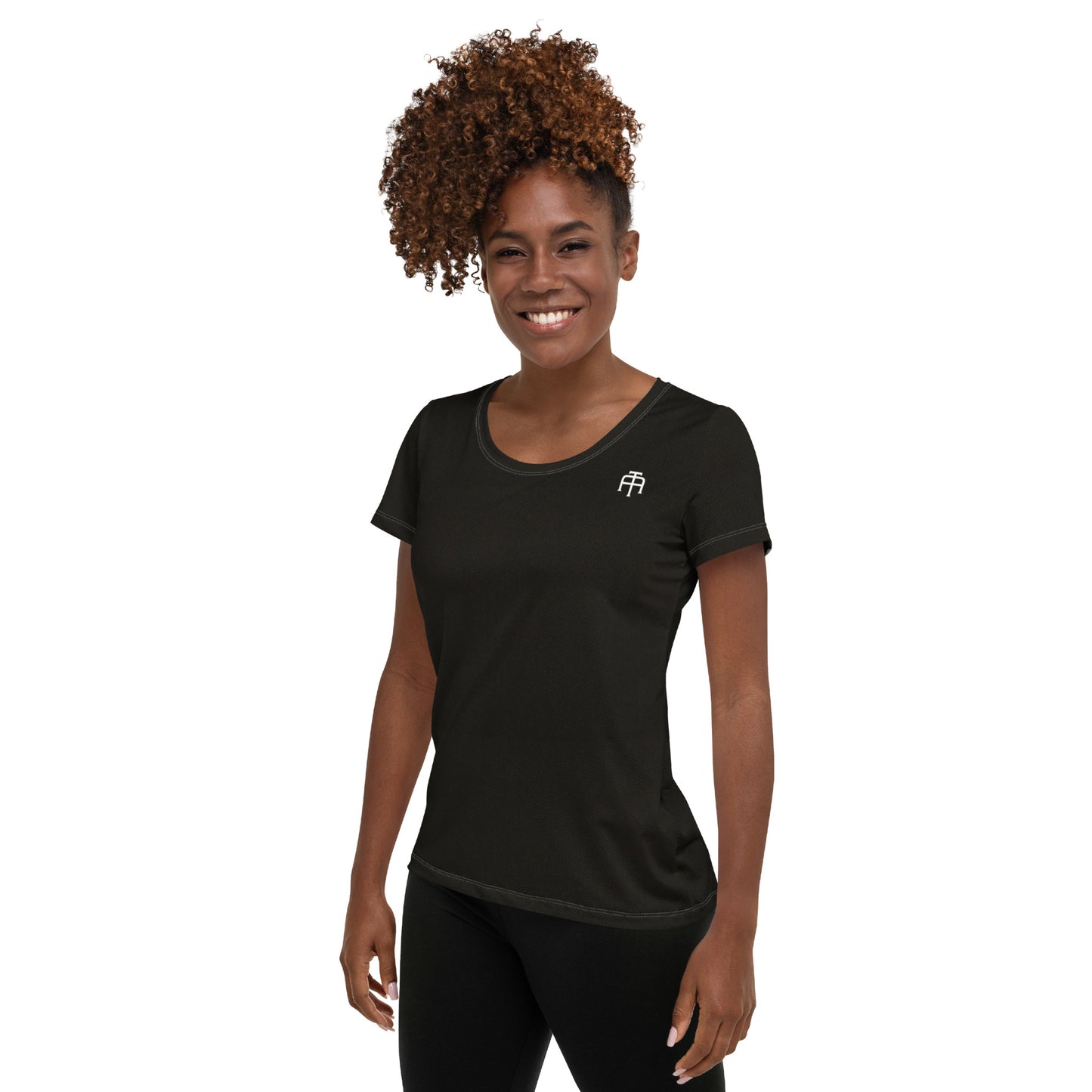 Black, soft four-way stretch moisture wicking sports mesh fabric women’s t-shirt by An Athlete Trains