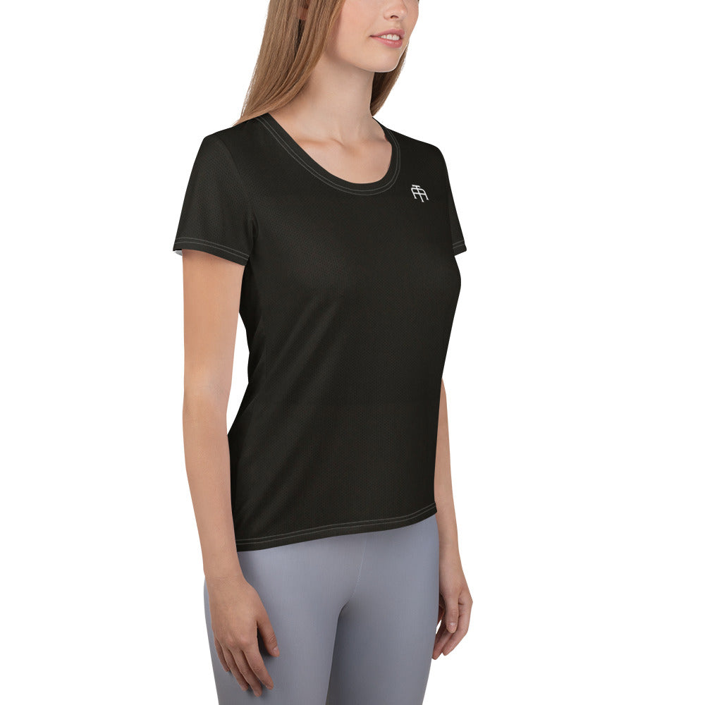 Black, soft four-way stretch moisture wicking sports mesh fabric women’s t-shirt by An Athlete Trains