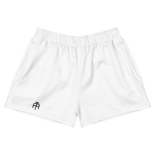 White Four-way stretch moisture-wicking microfiber women’s athletic shorts by An Athlete Trains