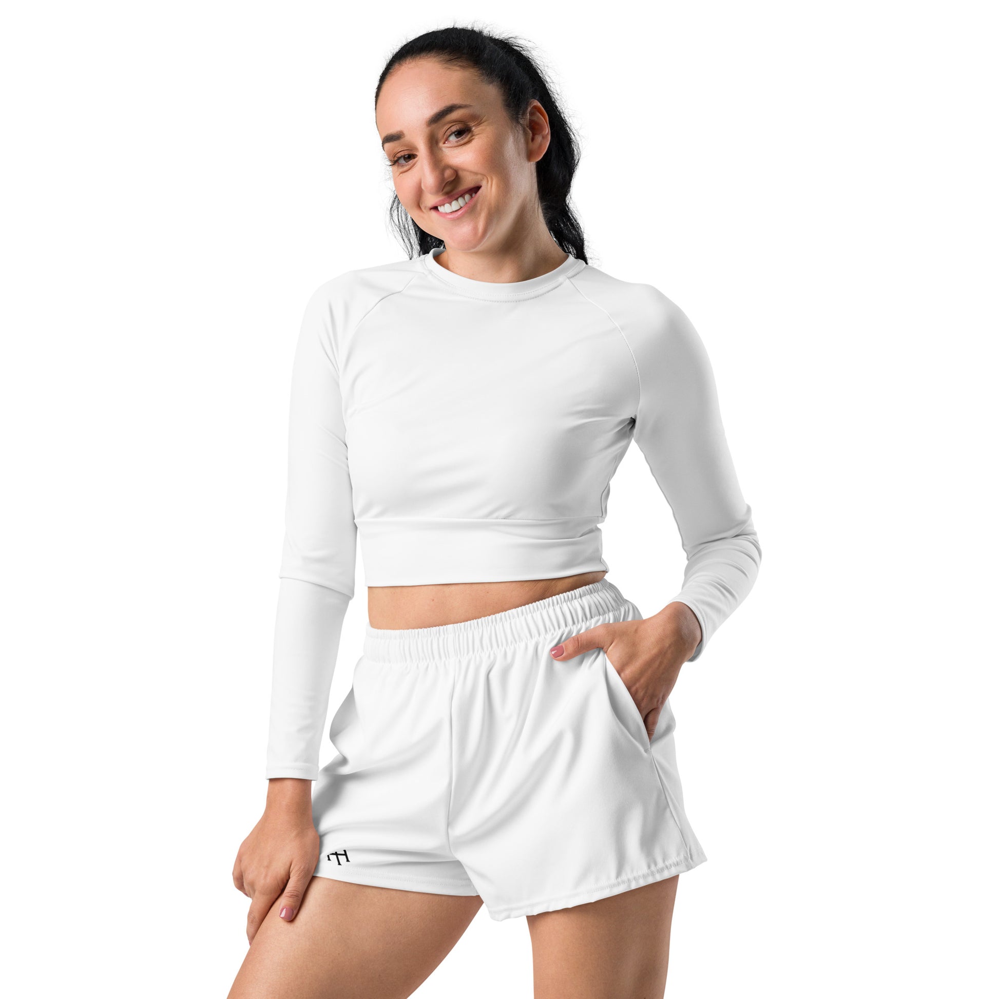 White Four-way stretch moisture-wicking microfiber women’s athletic shorts by An Athlete Trains