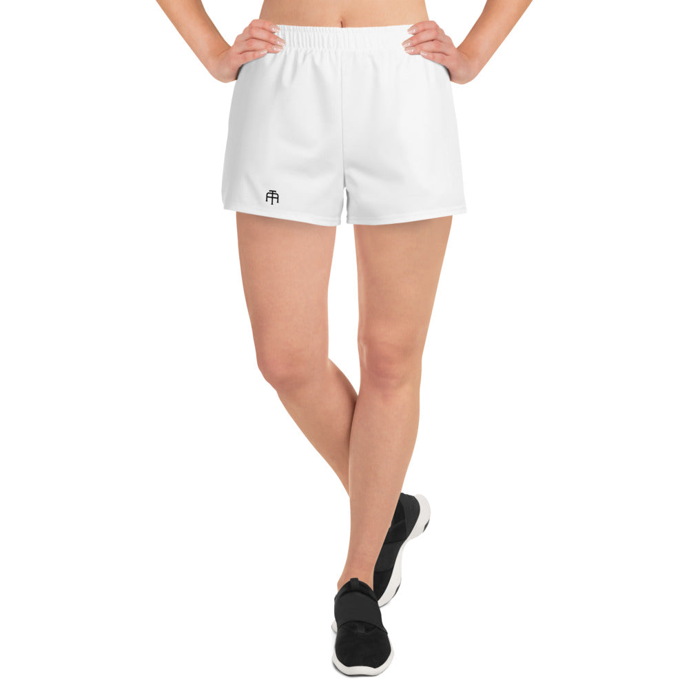 White Four-way stretch moisture-wicking microfiber women’s athletic shorts by An Athlete Trains