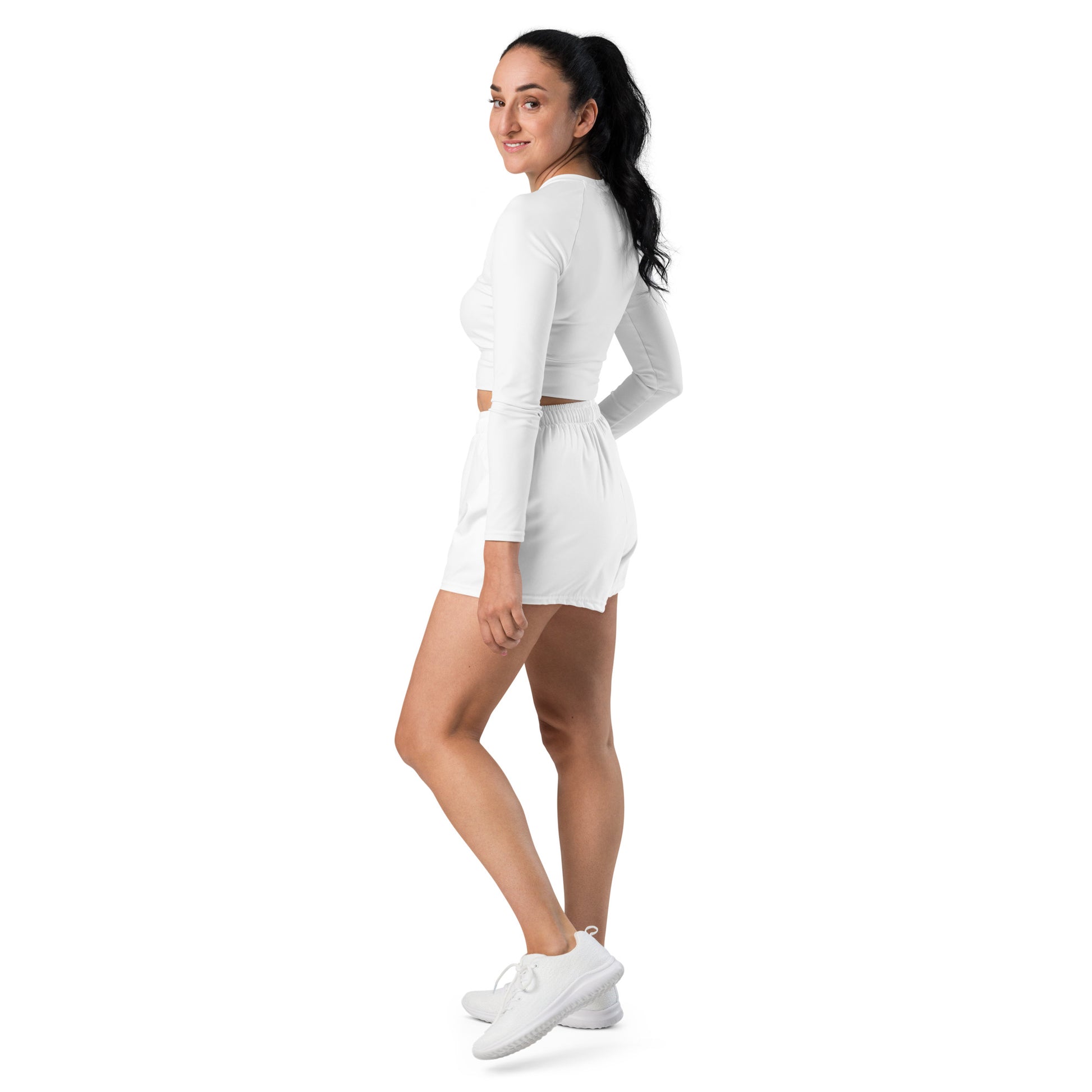 White Four-way stretch moisture-wicking microfiber women’s athletic shorts by An Athlete Trains