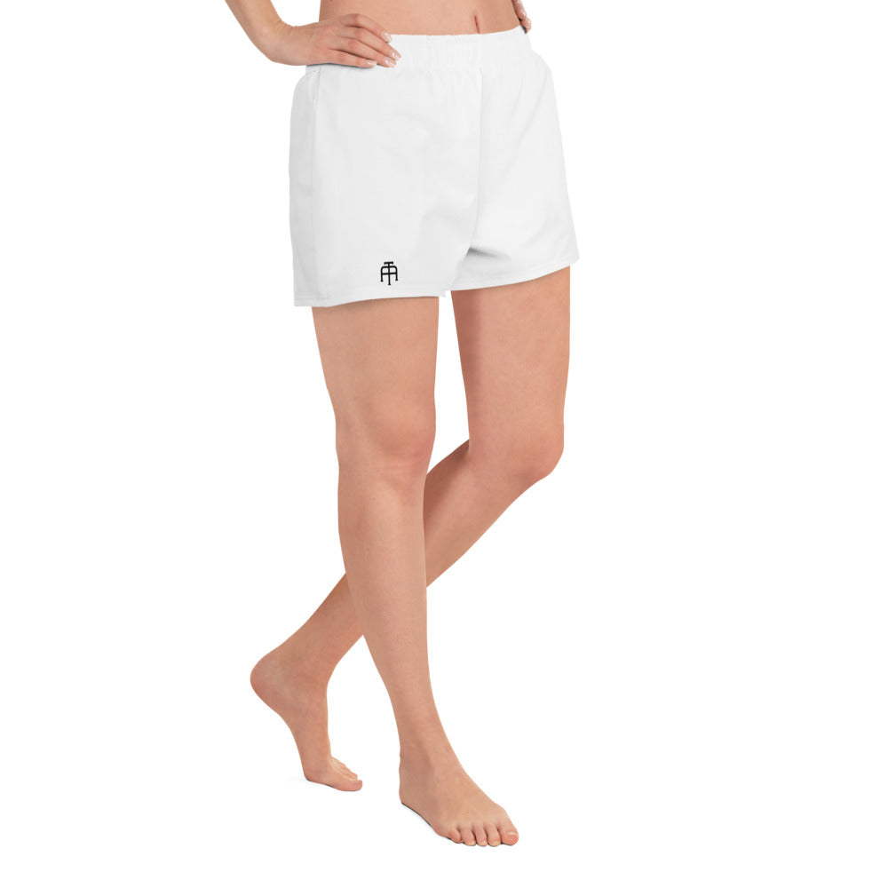 White Four-way stretch moisture-wicking microfiber women’s athletic shorts by An Athlete Trains