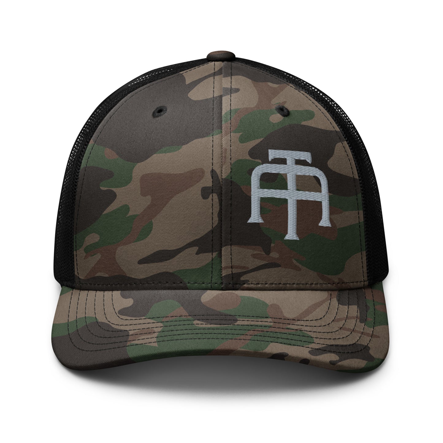 Camo hat by An Athlete Trains. Cotton front mesh back structured 6-panel cap, with adjustable plastic snap