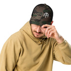 Camo hat by An Athlete Trains. Cotton front mesh back structured 6-panel cap, with adjustable plastic snap