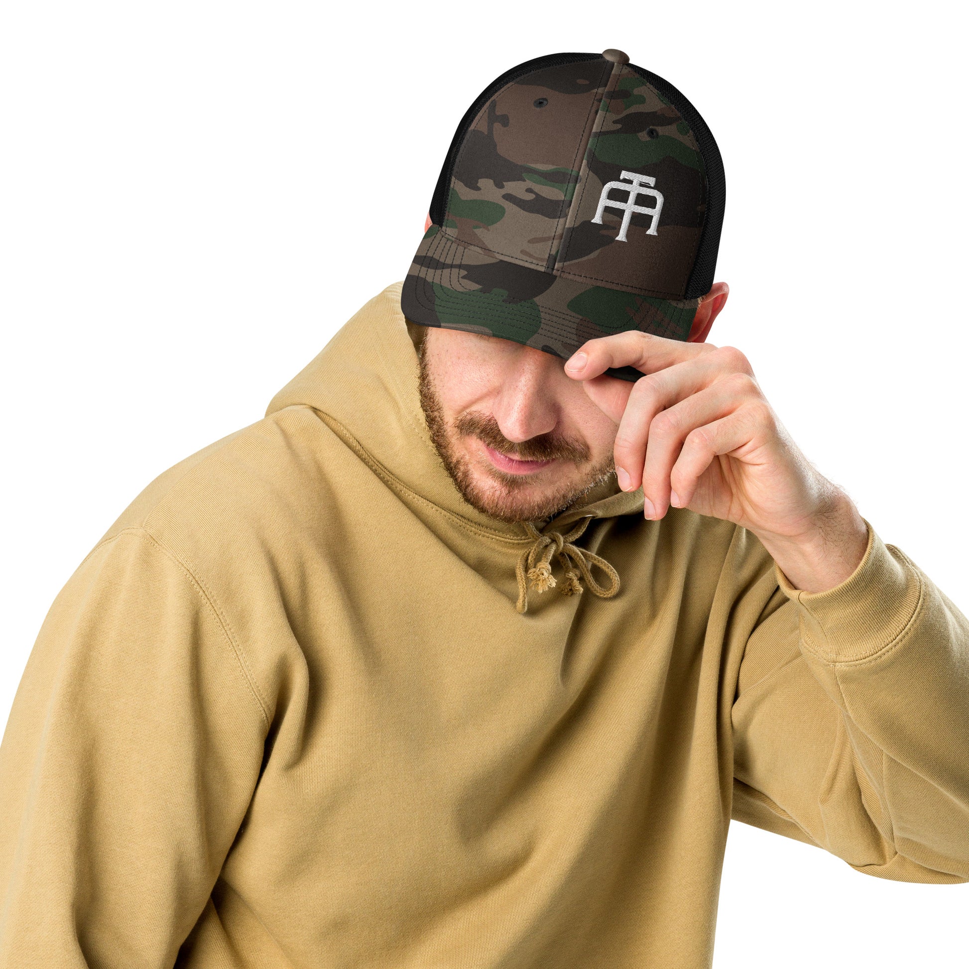 Camo hat by An Athlete Trains. Cotton front mesh back structured 6-panel cap, with adjustable plastic snap