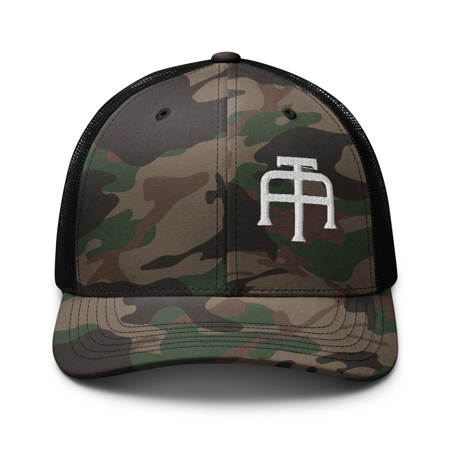 Camo hat by An Athlete Trains. Cotton front mesh back structured 6-panel cap, with adjustable plastic snap