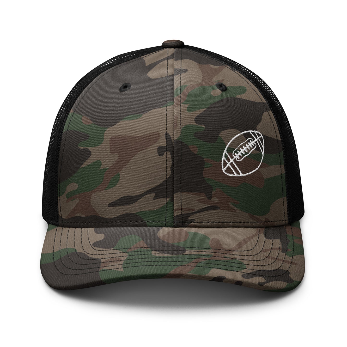 Football Edition tan camouflage trucker hat with structured cotton front and breathable black mesh back | Our Game | An Athlete Trains