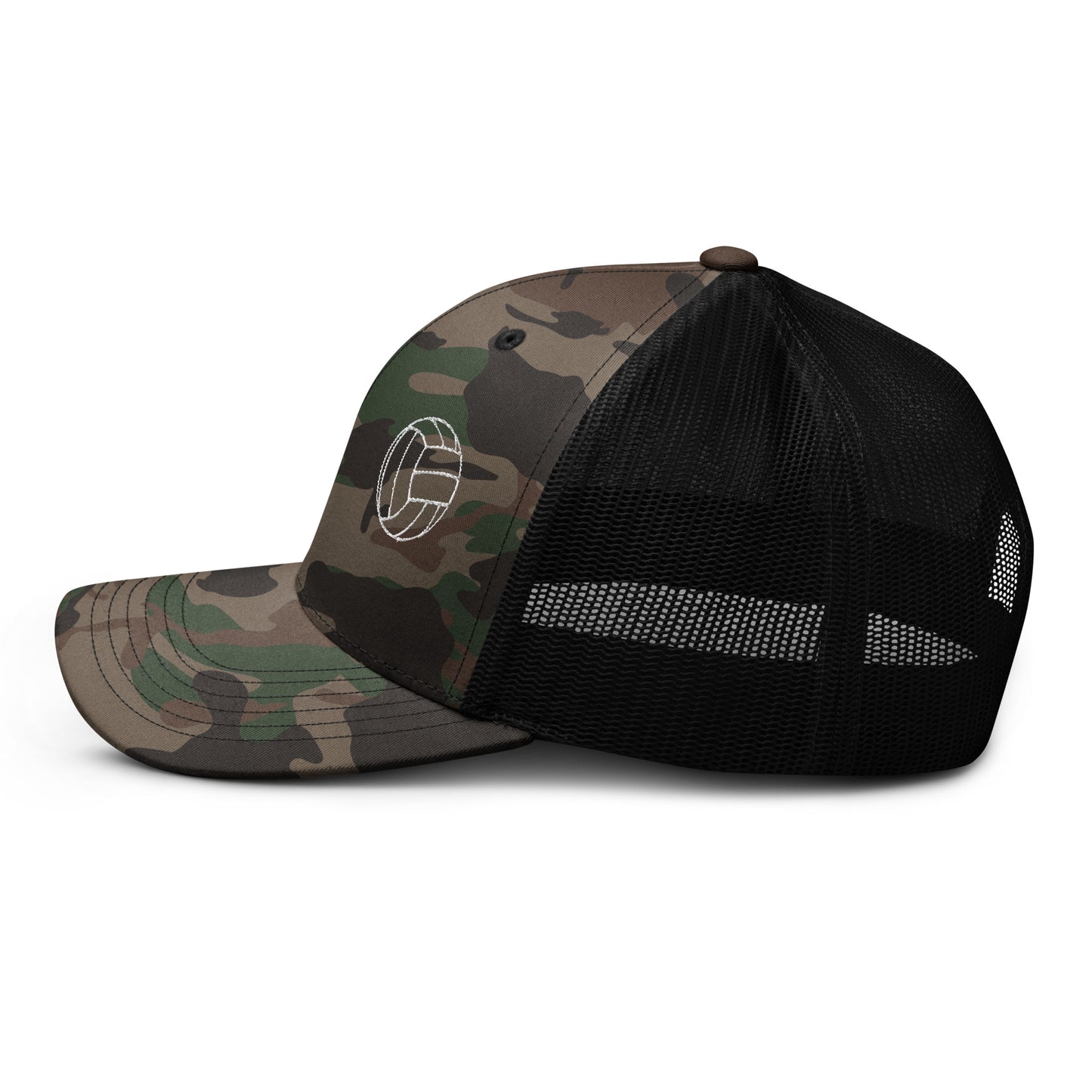 Volleyball Edition camouflage trucker hat with structured cotton front and breathable mesh back — Our Game collection | An Athlete Trains
