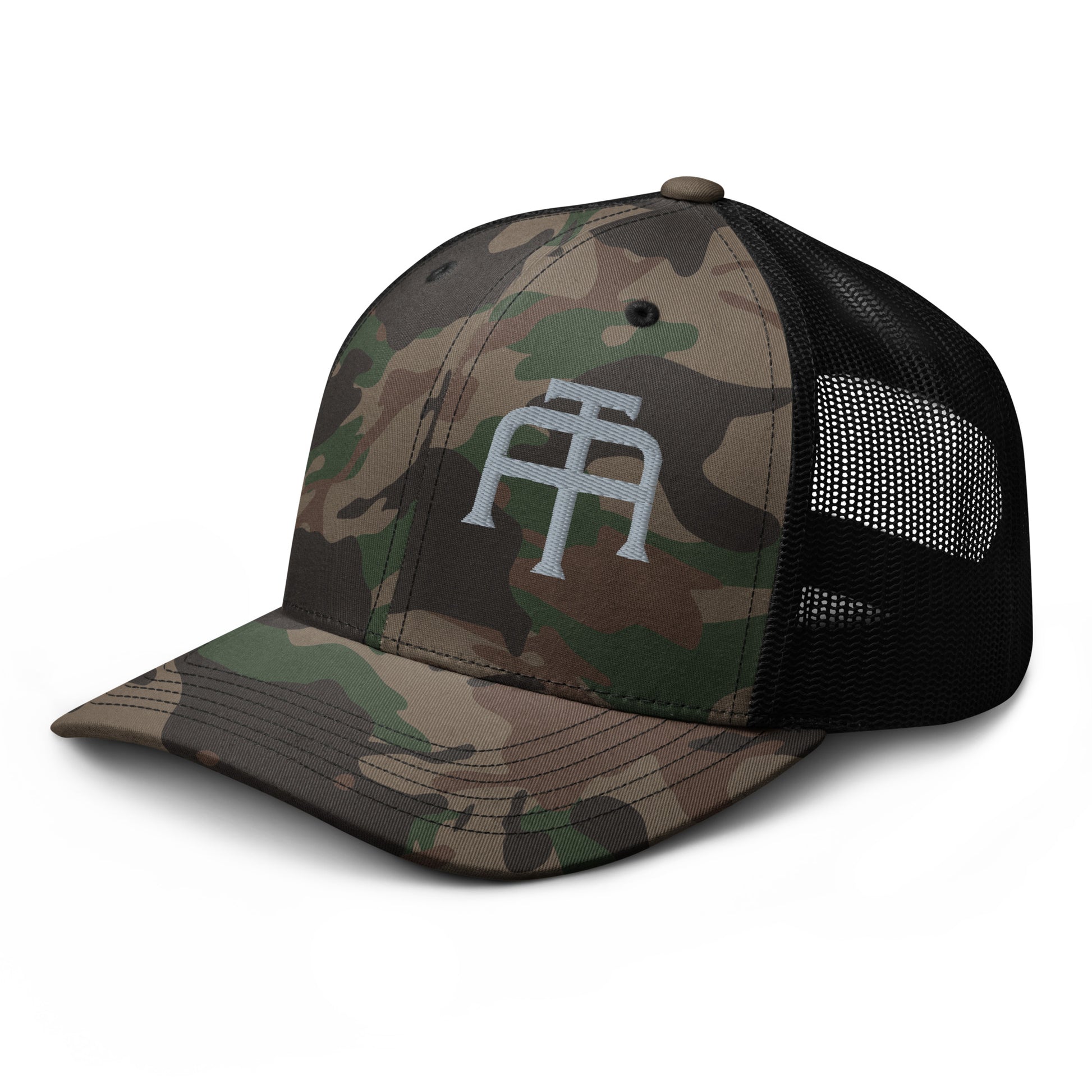 Camo hat by An Athlete Trains. Cotton front mesh back structured 6-panel cap, with adjustable plastic snap