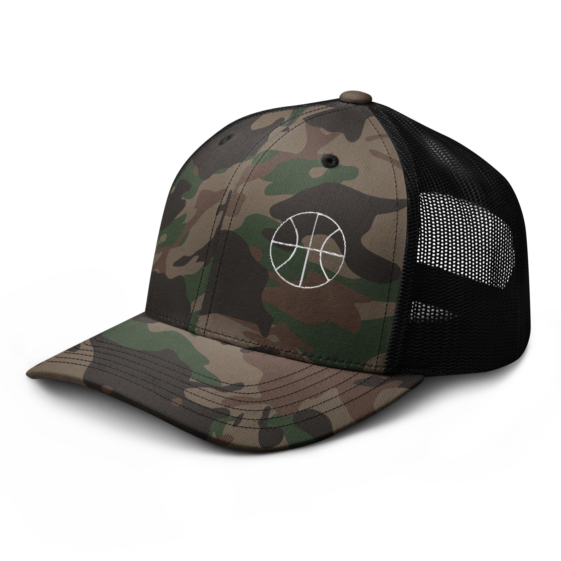 Basketball Edition green camouflage trucker hat with structured cotton front and black mesh back | Our Game | An Athlete