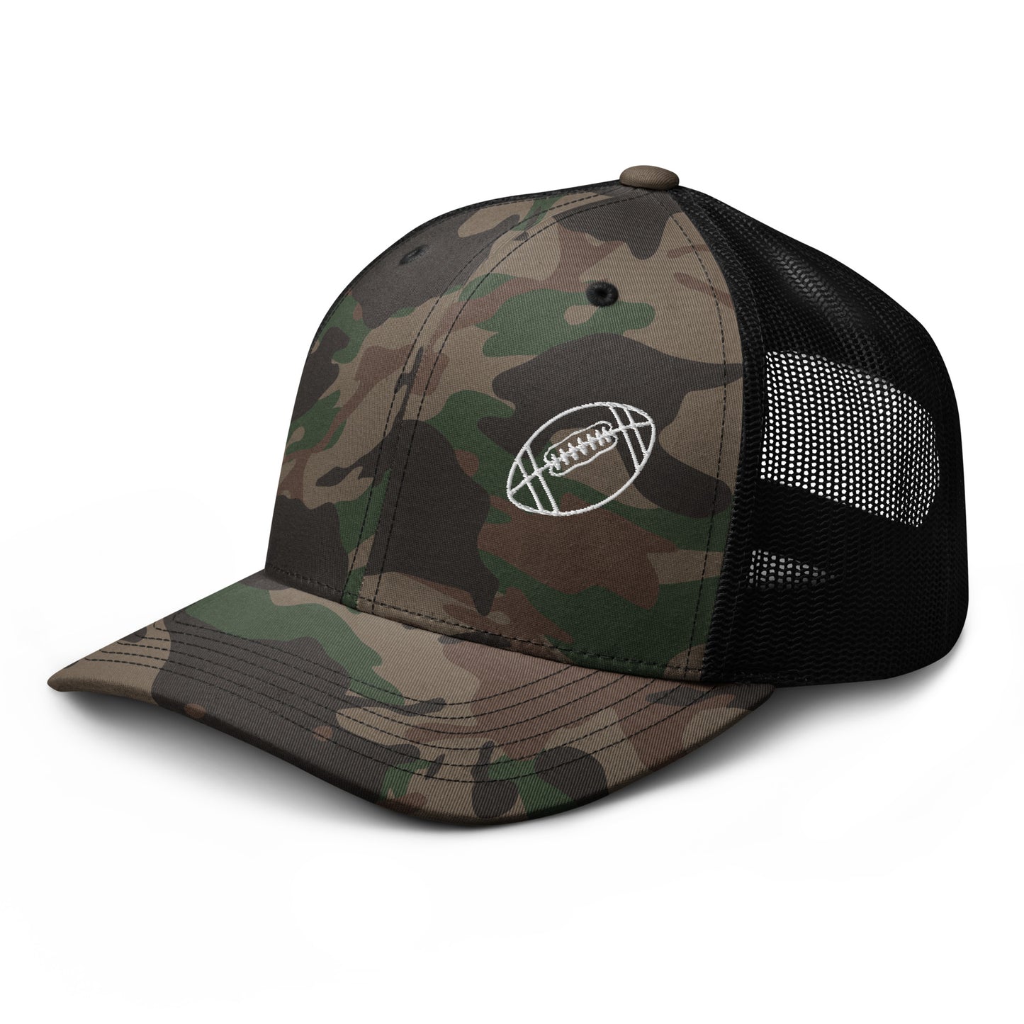 Football Edition tan camouflage trucker hat with structured cotton front and breathable black mesh back | Our Game | An Athlete Trains