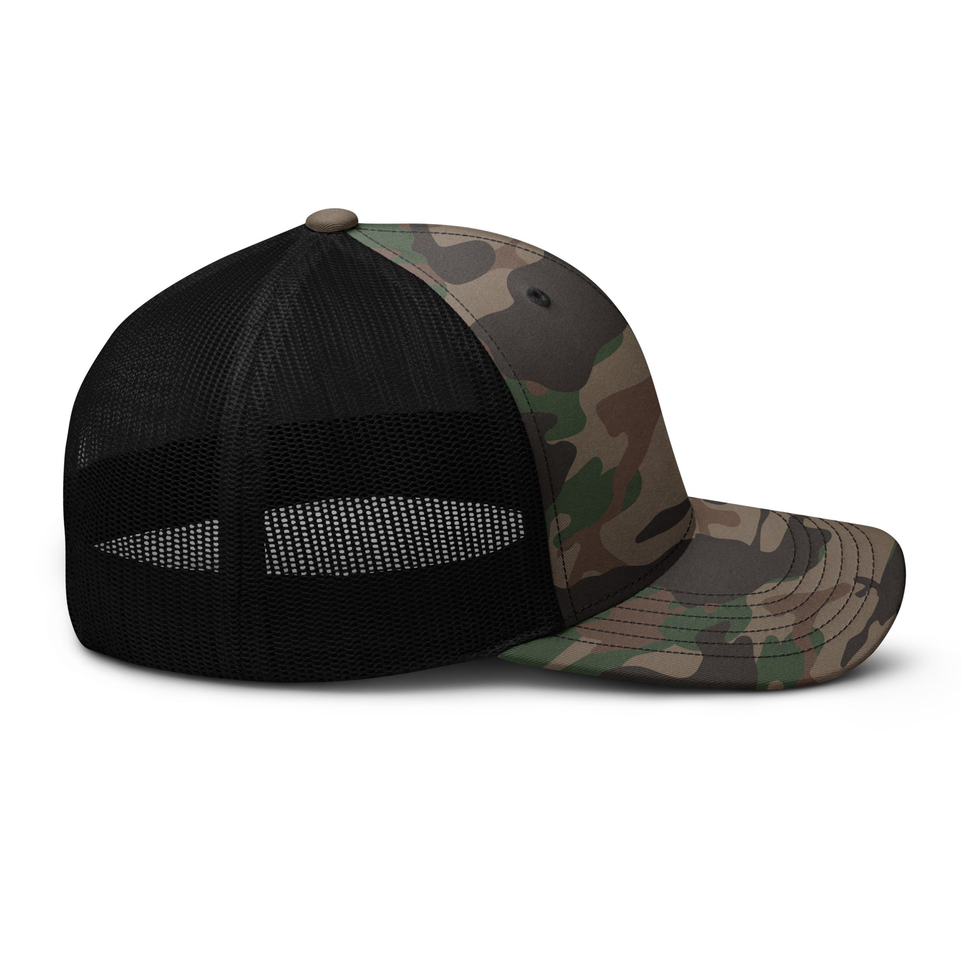 Camo hat by An Athlete Trains. Cotton front mesh back structured 6-panel cap, with adjustable plastic snap