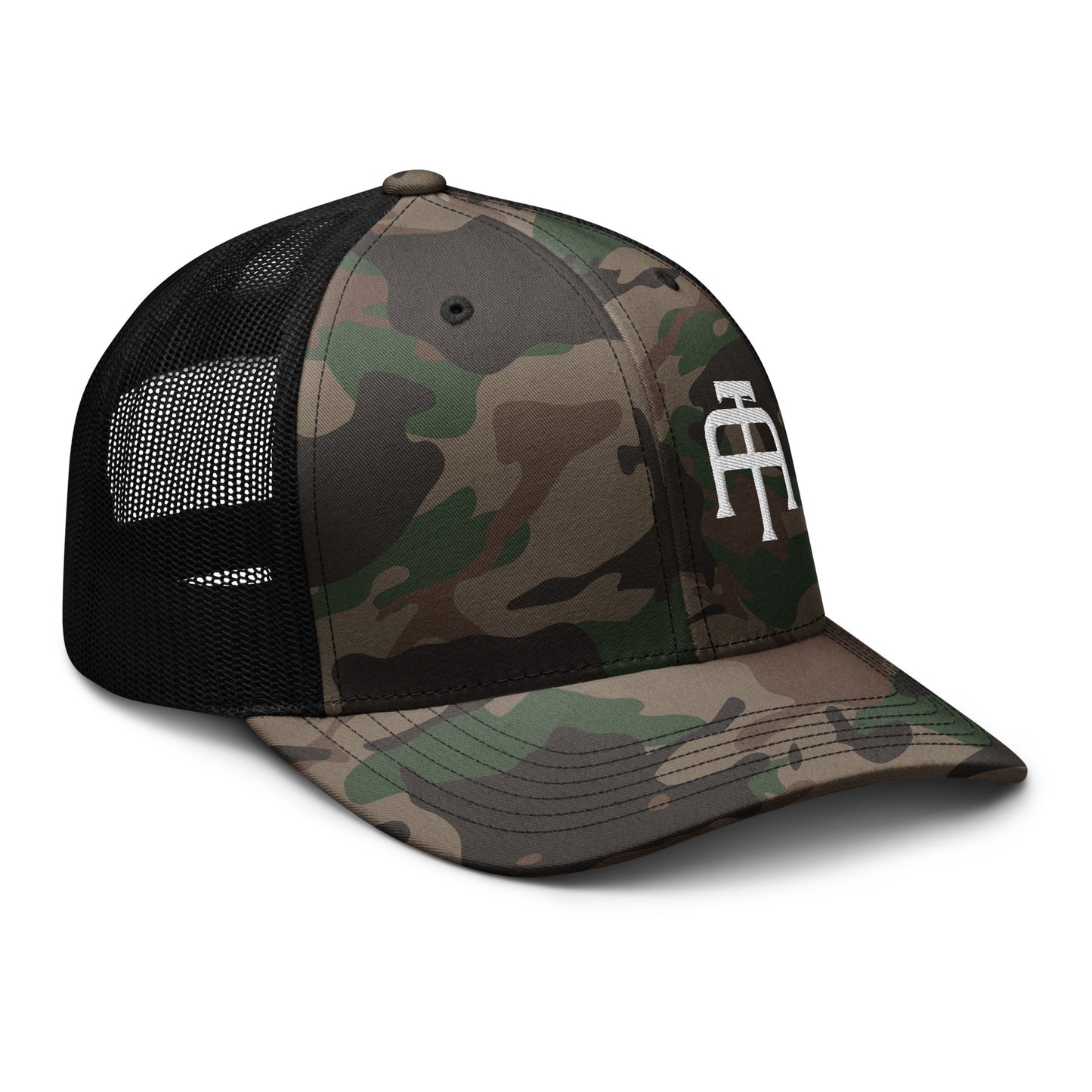 Camo hat by An Athlete Trains. Cotton front mesh back structured 6-panel cap, with adjustable plastic snap