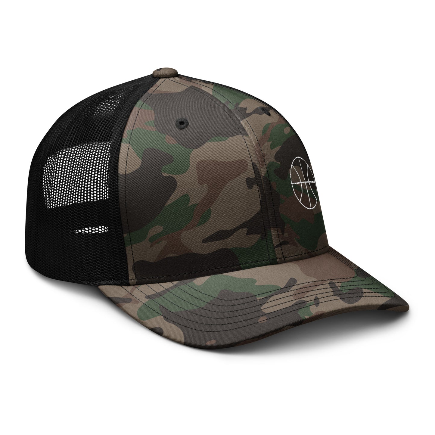 Basketball Edition green camouflage trucker hat with structured cotton front and black mesh back | Our Game | An Athlete