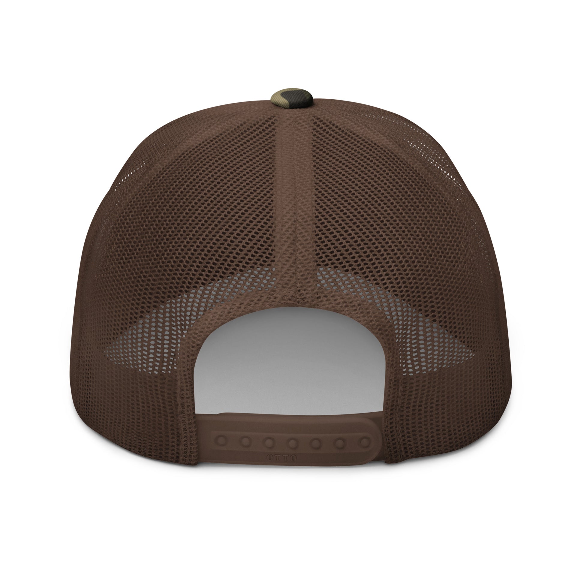 Football Edition tan camouflage trucker hat with structured cotton front and breathable brown mesh back | Our Game | An Athlete Trains